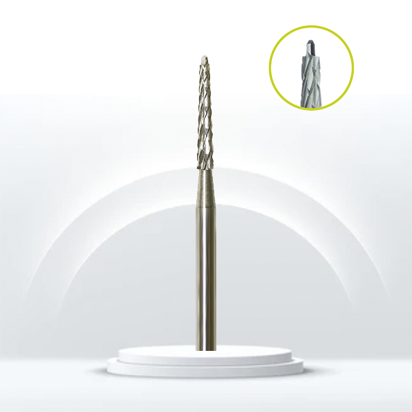 Fresa carburo de Lindemann cónica punta guía y corte cruzado para odontosección