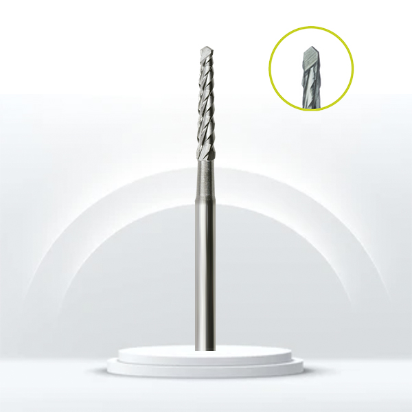 Fresa carburo de Lindemann cónica punta guía y corte cruzado para odontosección